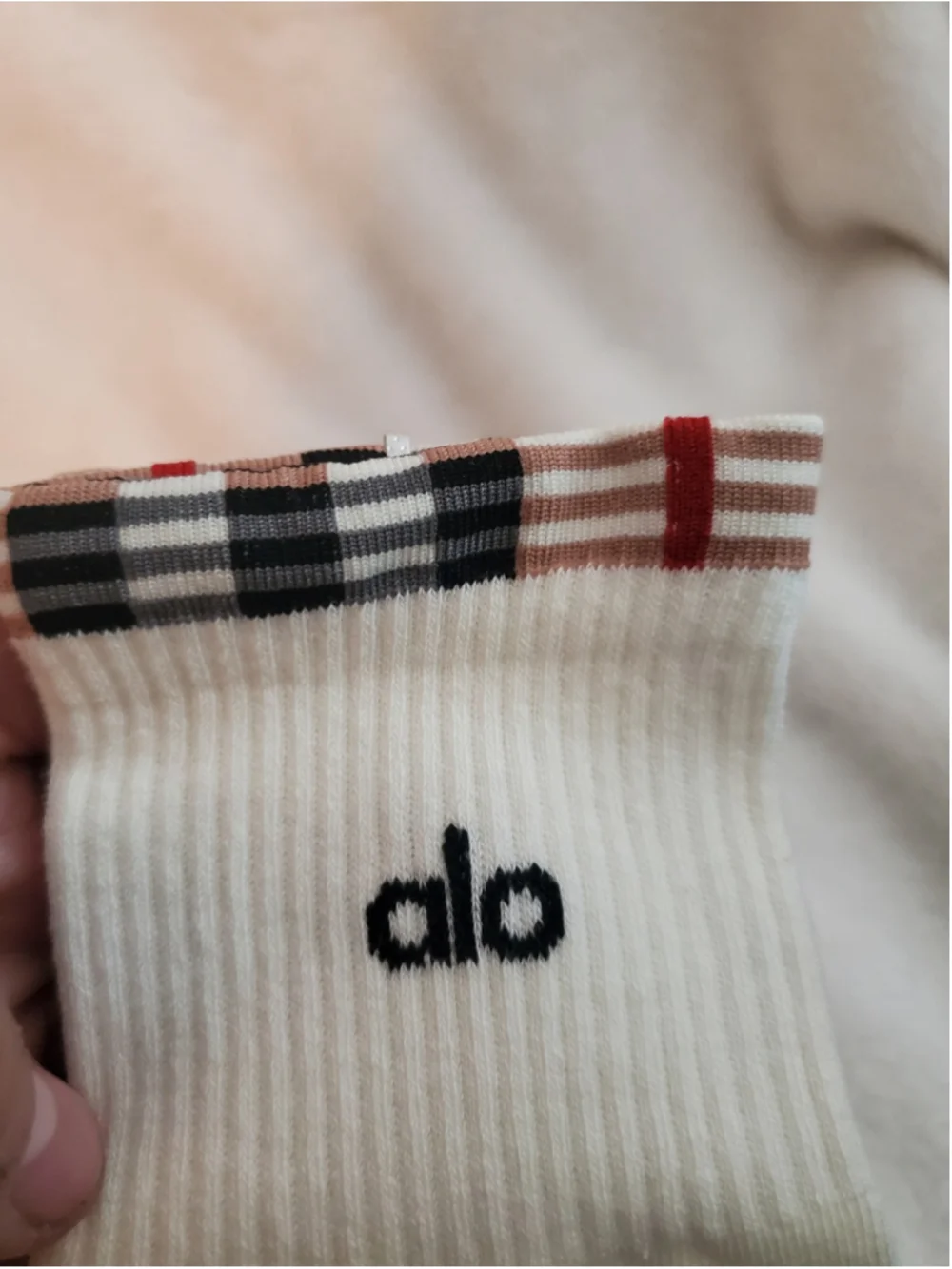Alo everyday White and Beige Plaid Crew Socks women size 7-10